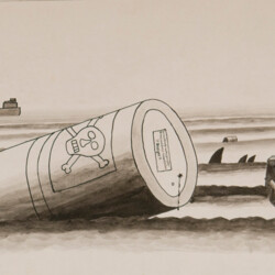 Surreale Landschaft mit Ölfass