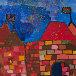 Stadt mit nächtlichem Feuerwerk