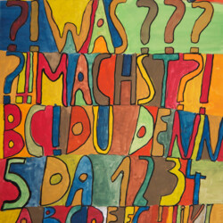 Schwarz umrandete Buchstaben auf buntem Hintergrund: "Buchstabenteppich"