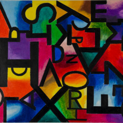 Schwarze Buchstaben auf buntem Hintergrund