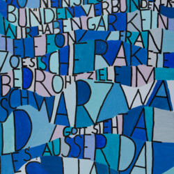 Schwarze Buchstaben auf buntem Hintergrund: "Buchstabenteppich"