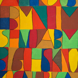 Schwarze Buchstaben auf buntem Hintergrund: "Buchstabenteppich"